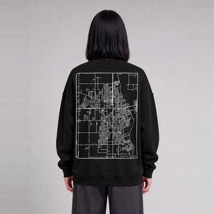 Yuba City map sweatshirt, back print on model - Black