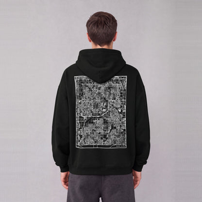 Gilbert map hoodie, back print on model - Black