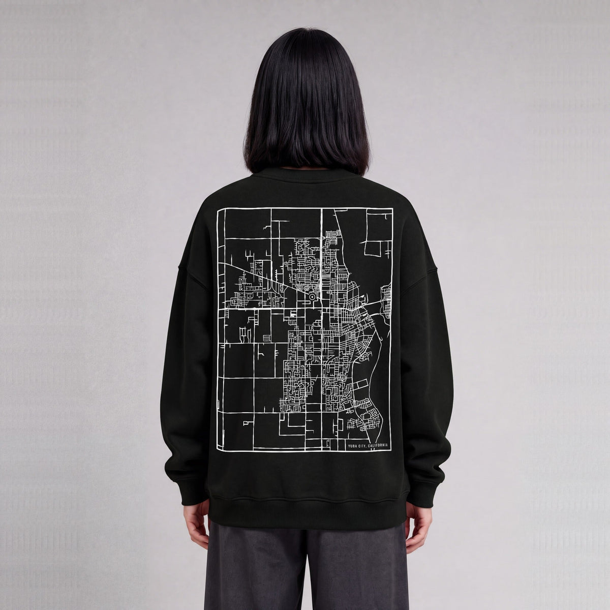 Yuba City map sweatshirt, back print on model - Black