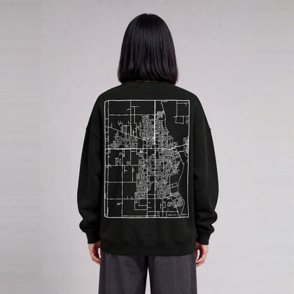 Yuba City map sweatshirt, back print on model - Black