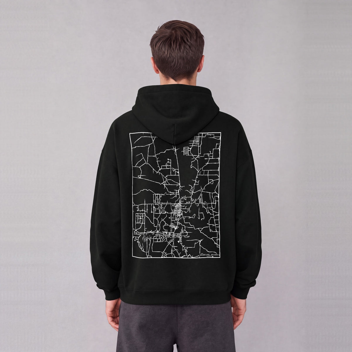 Snowflake map hoodie, back print on model - Black