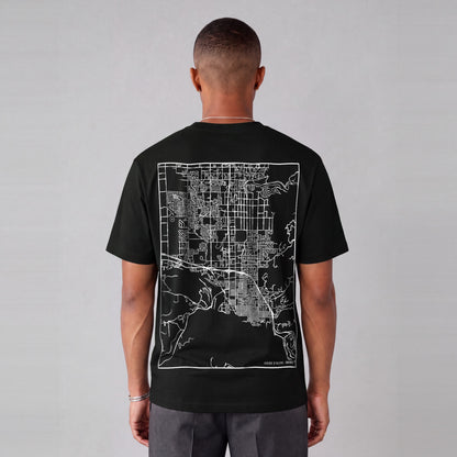 Coeur d'Alene map tee, back print on model - Black