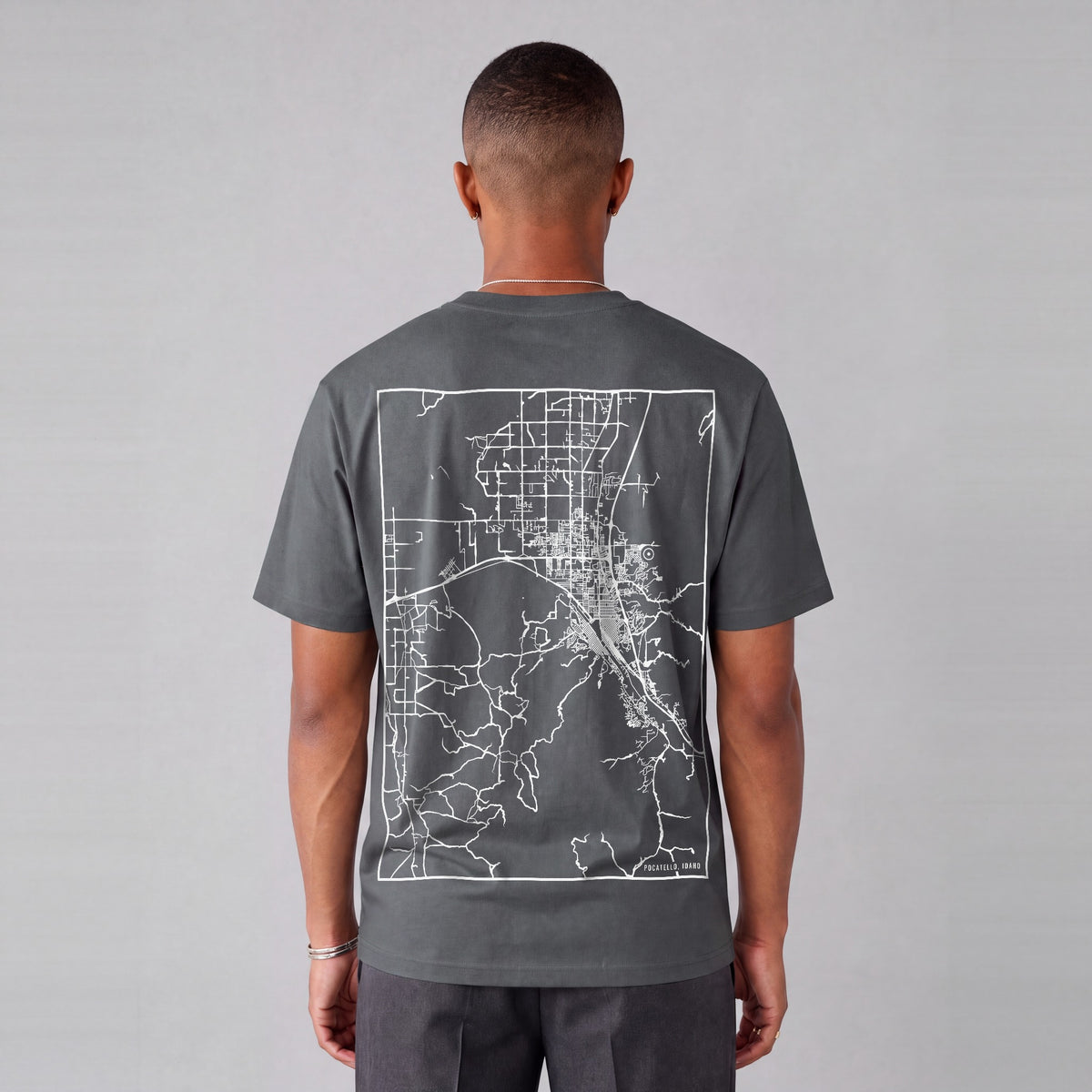 Pocatello map tee, back print on model - Charcoal
