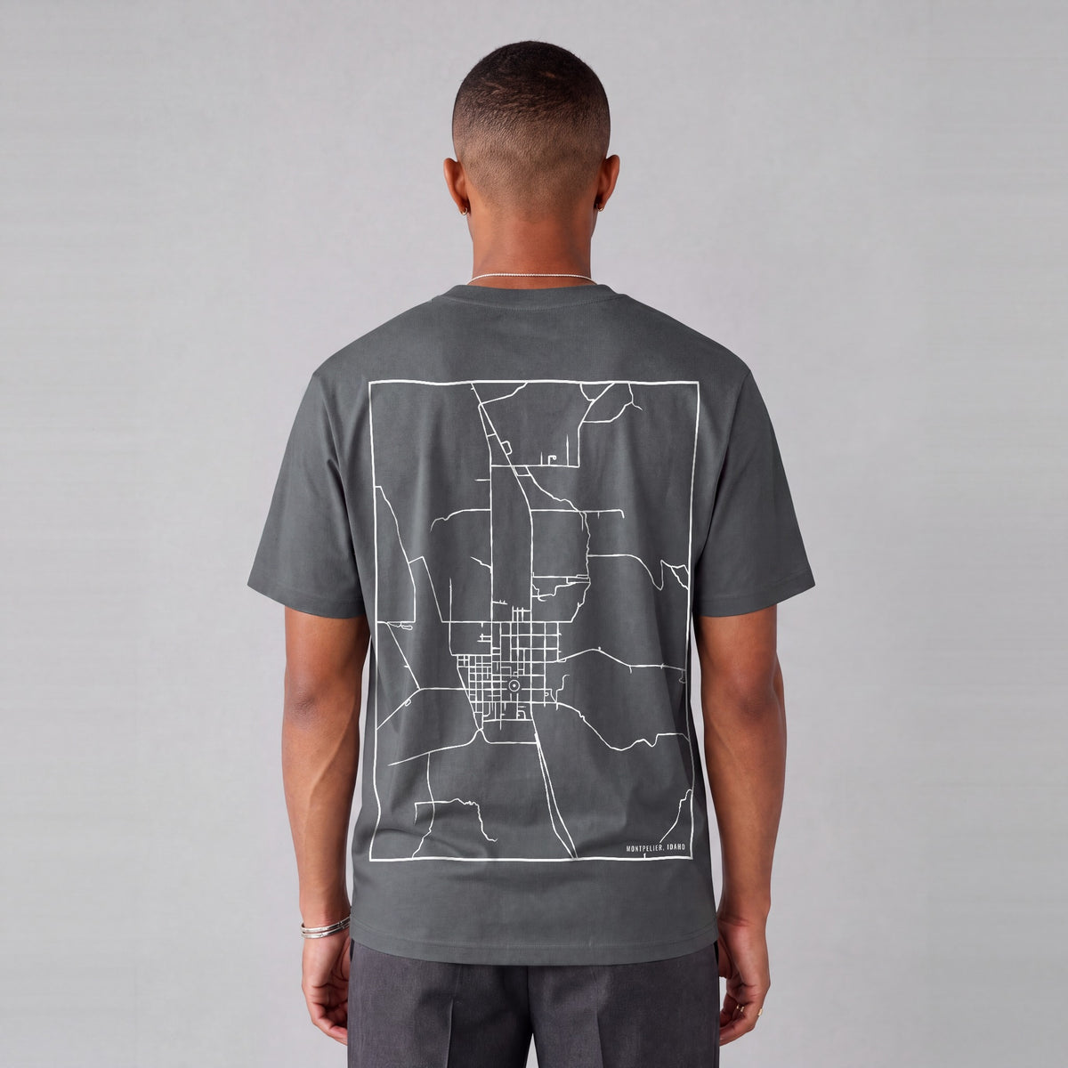 Montpelier map tee, back print on model - Charcoal