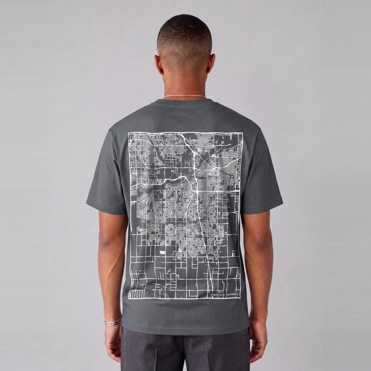 Bakersfield map tee, back print on model - Charcoal