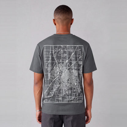 Idaho Falls map tee, back print on model - Charcoal