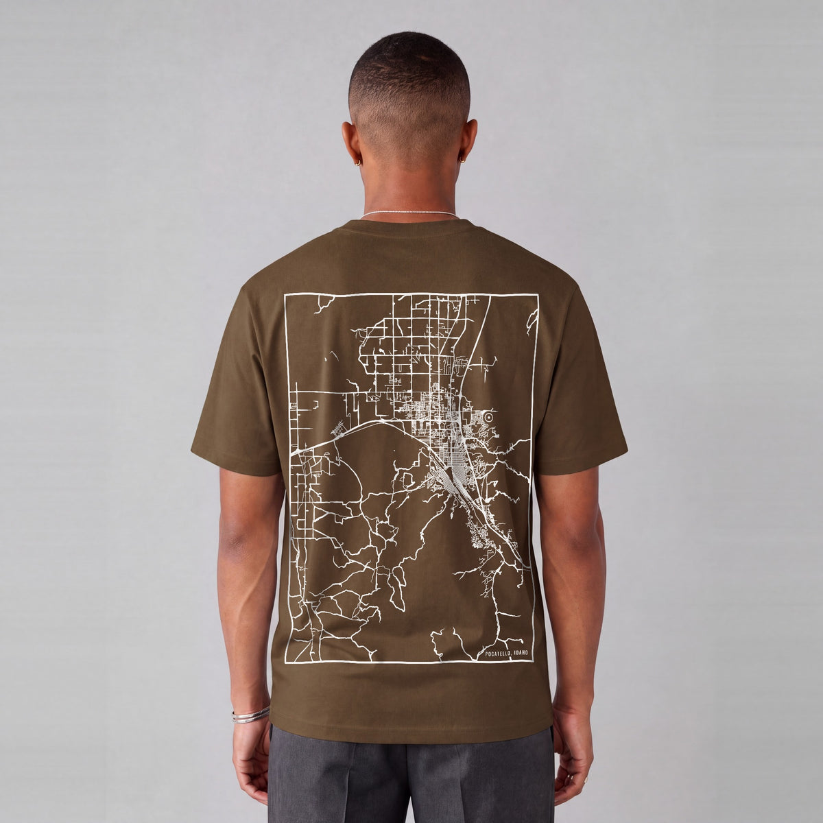 Pocatello map tee, back print on model - Coffee