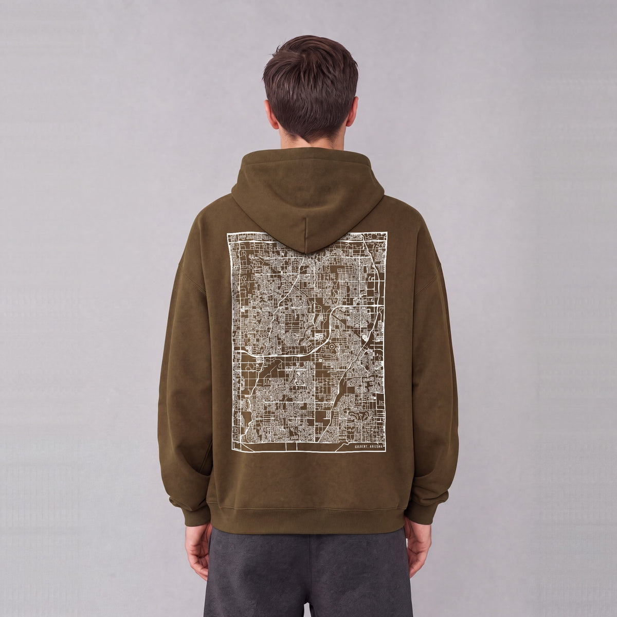Gilbert map hoodie, back print on model - Coffee