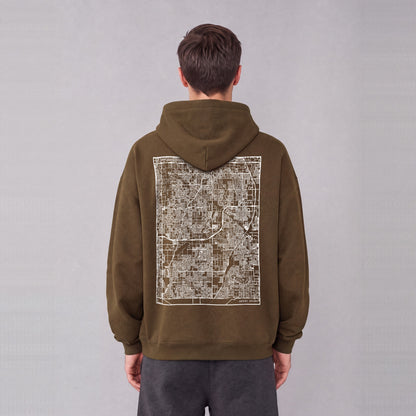 Gilbert map hoodie, back print on model - Coffee