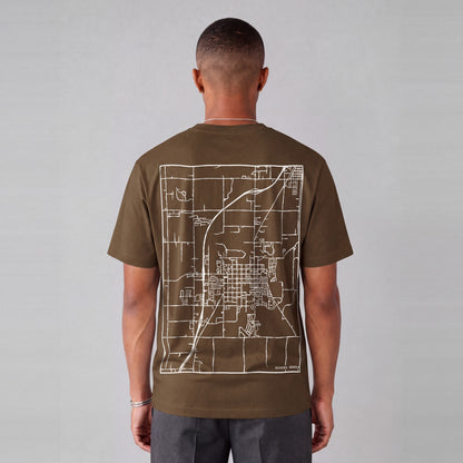 Rexburg map tee, back print on model - Coffee