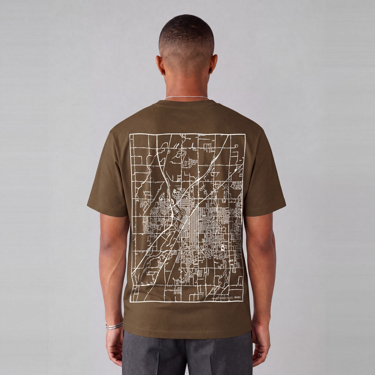 Idaho Falls map tee, back print on model - Coffee