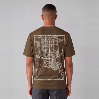 Coeur d'Alene map tee, back print on model - Coffee