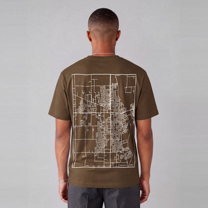 Yuba City map tee, back print on model - Coffee