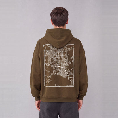 Coeur d'Alene map hoodie, back print on model - Coffee