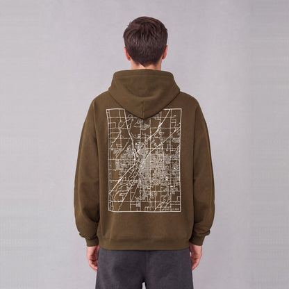 Idaho Falls map hoodie, back print on model - Coffee