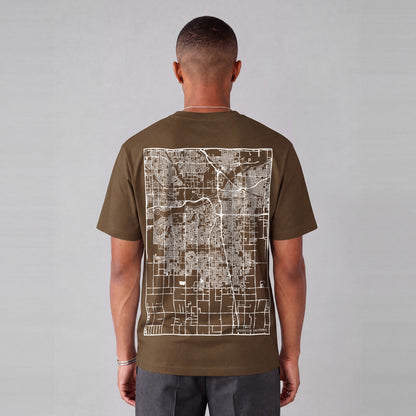 Bakersfield map tee, back print on model - Coffee