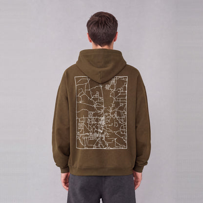 Snowflake map hoodie, back print on model - Coffee