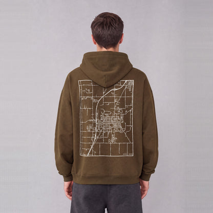 Rexburg map hoodie, back print on model - Coffee