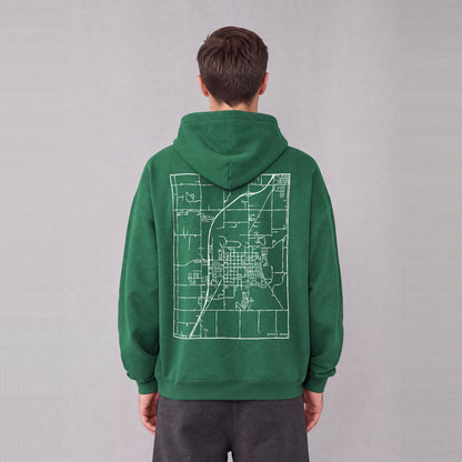 Rexburg map hoodie, back print on model - Eden Green