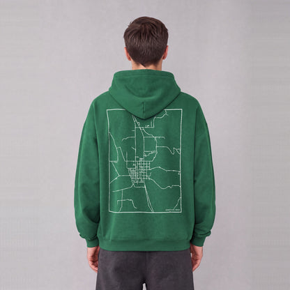Montpelier map hoodie, back print on model - Eden Green