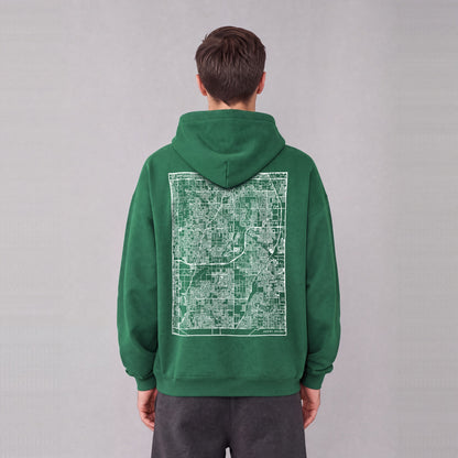 Gilbert map hoodie, back print on model - Eden Green