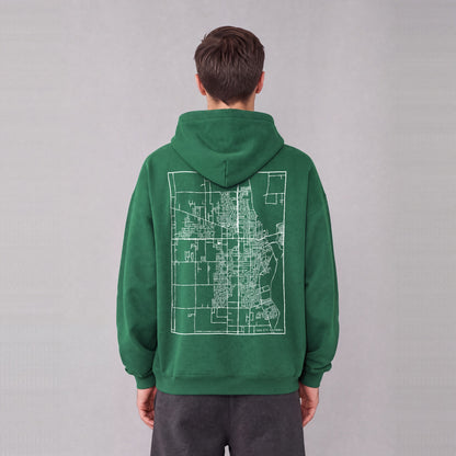 Yuba City map hoodie, back print on model - Eden Green