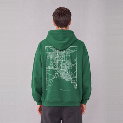 Coeur d'Alene map hoodie, back print on model - Eden Green