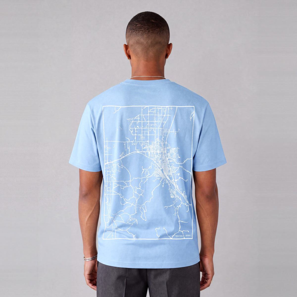 Pocatello map tee, back print on model - Light Blue