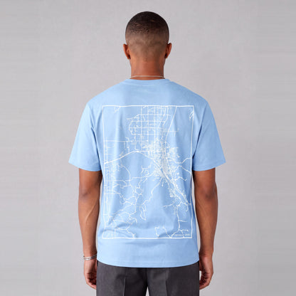 Pocatello map tee, back print on model - Light Blue
