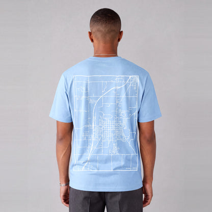 Rexburg map tee, back print on model - Light Blue