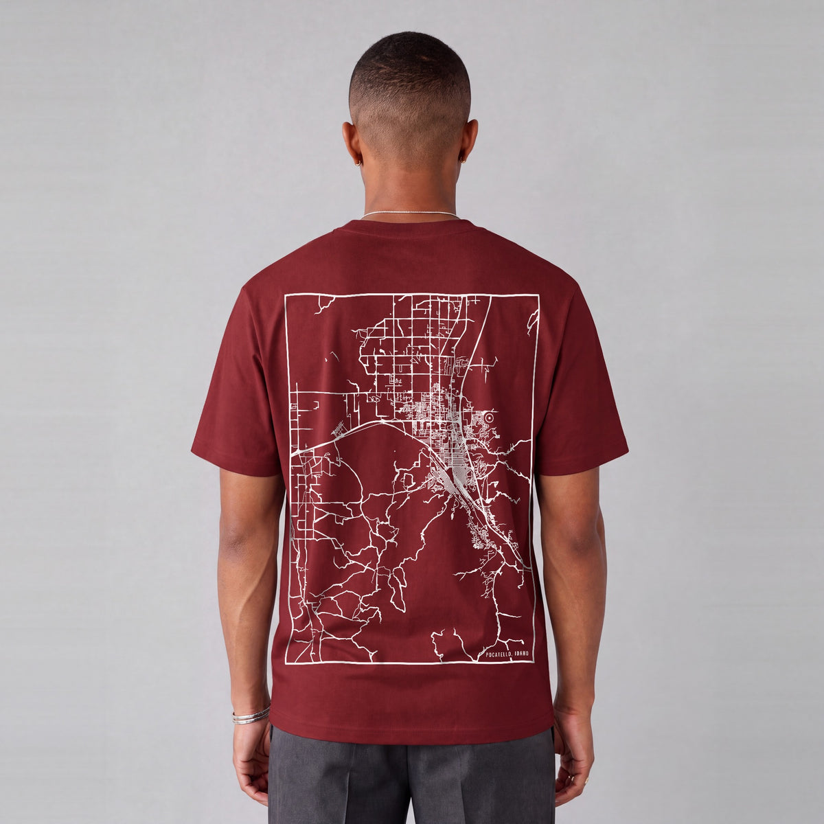 Pocatello map tee, back print on model - Maroon