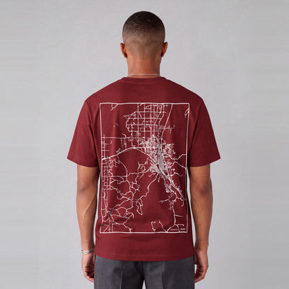 Pocatello map tee, back print on model - Maroon