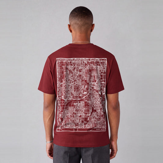 Gilbert map tee, back print on model - Maroon