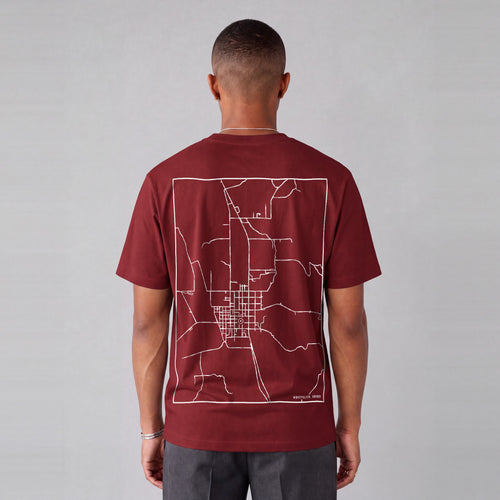 Montpelier map tee, back print on model - Maroon