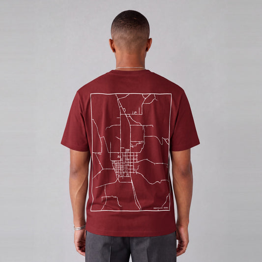 Montpelier map tee, back print on model - Maroon