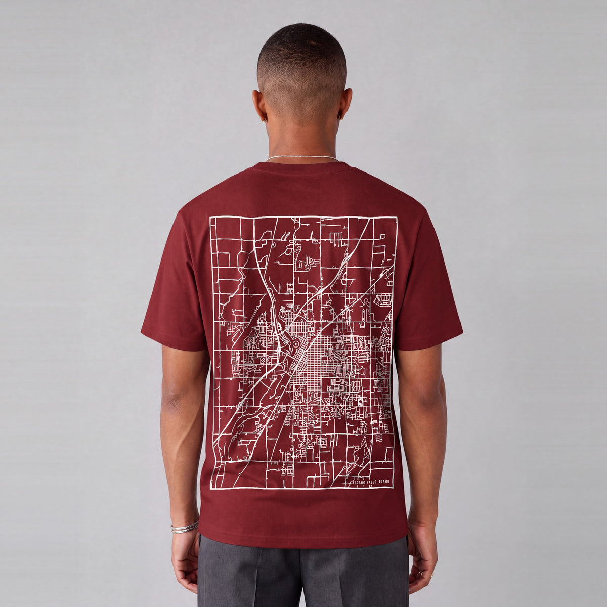 Idaho Falls map tee, back print on model - Maroon