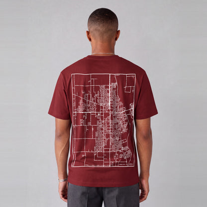 Yuba City map tee, back print on model - Maroon