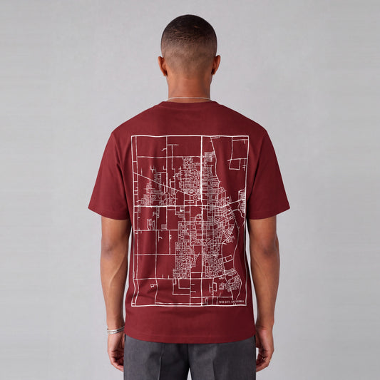 Yuba City map tee, back print on model - Maroon