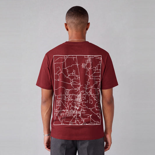 Snowflake map tee, back print on model - Maroon
