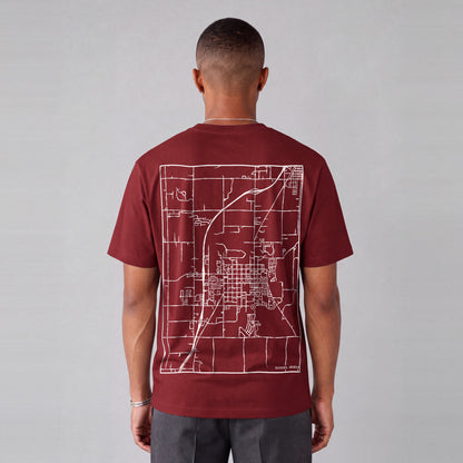 Rexburg map tee, back print on model - Maroon