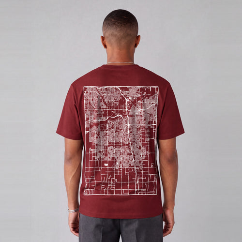 Bakersfield map tee, back print on model - Maroon