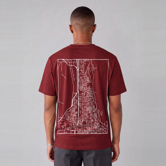 Centerville map tee, back print on model - Maroon