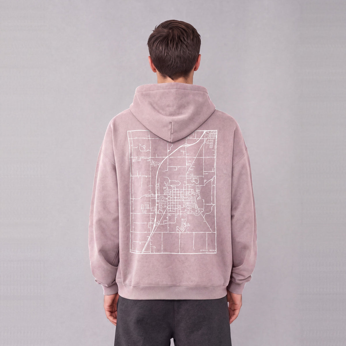 Rexburg map hoodie, back print on model - Mauve