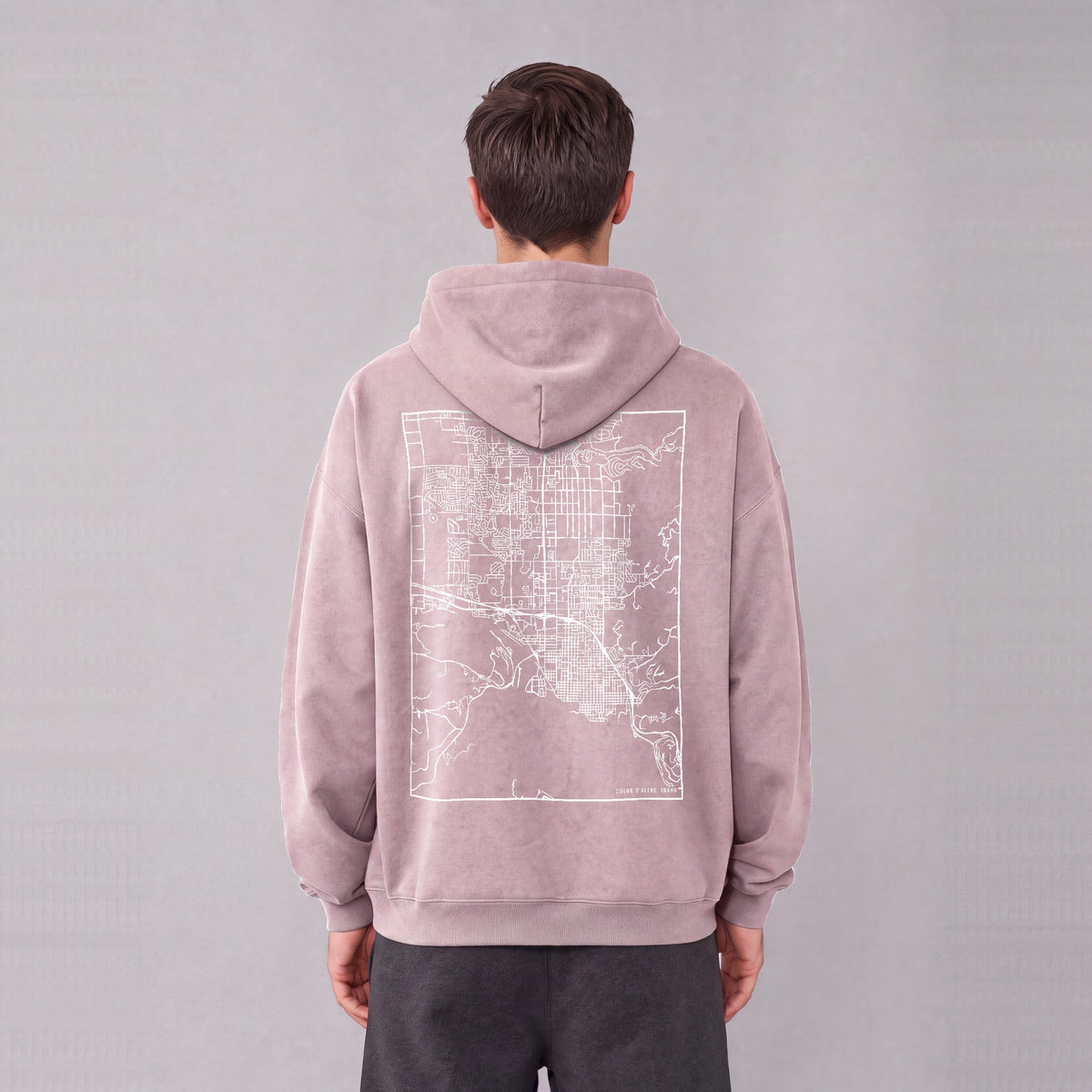 Coeur d'Alene map hoodie, back print on model - Mauve