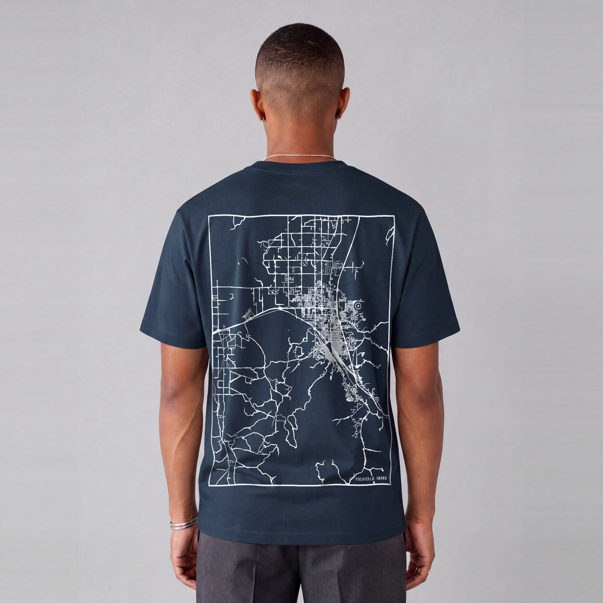 Pocatello map tee, back print on model - Navy Blue