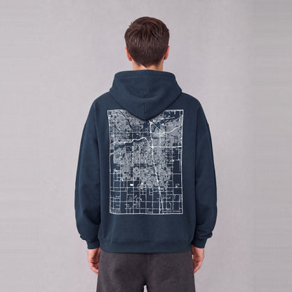 Bakersfield map hoodie, back print on model - Navy Blue