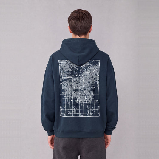 Bakersfield map hoodie, back print on model - Navy Blue