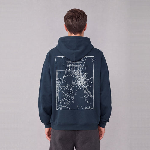 Pocatello map hoodie, back print on model - Navy Blue