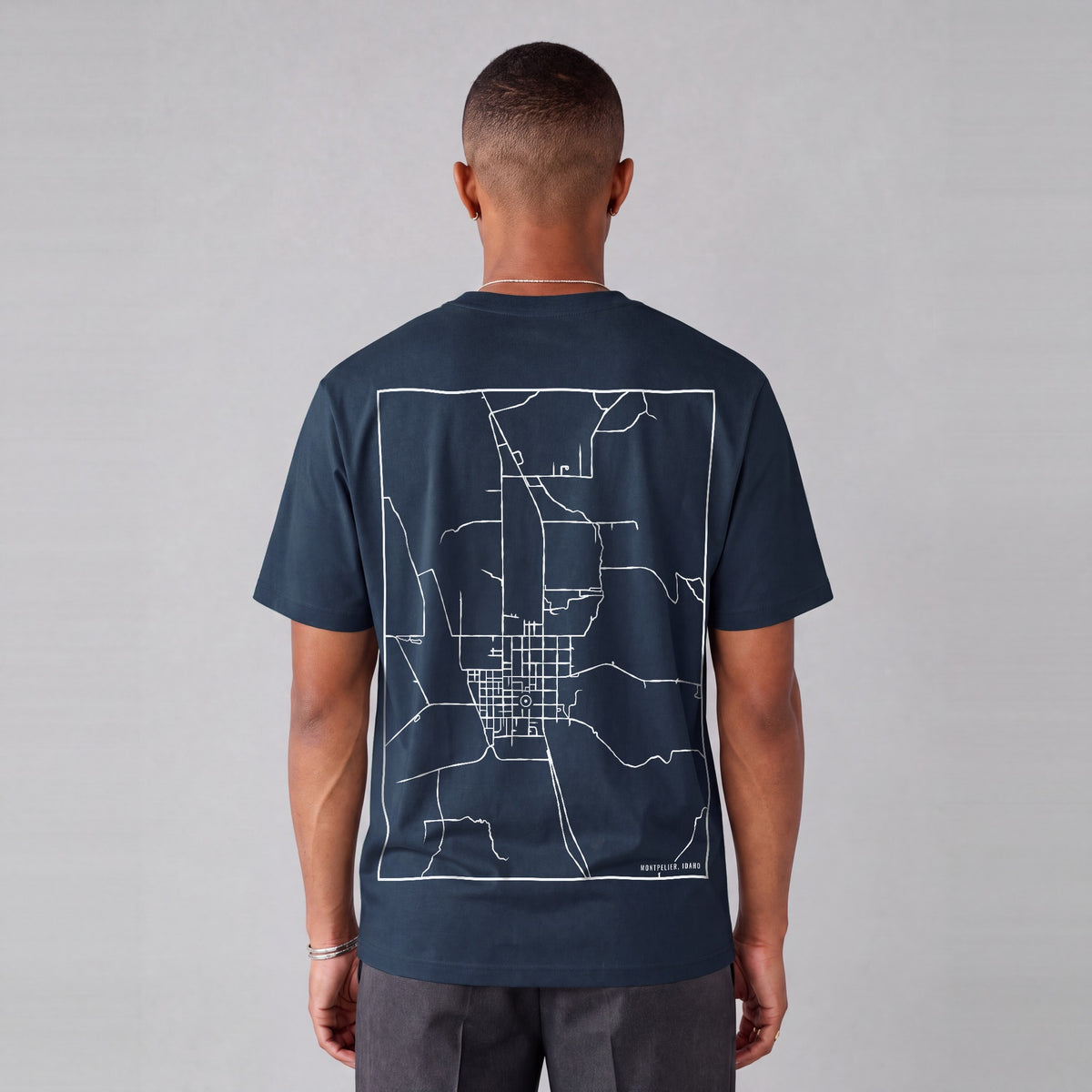 Montpelier map tee, back print on model - Navy Blue