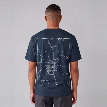 Montpelier map tee, back print on model - Navy Blue